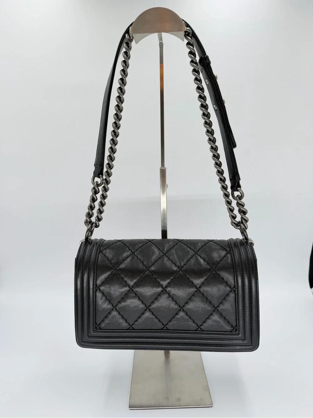 CHANEL Medium Boy Bag Black Quilted Leather with Aged Silver Hardware w/Dust Bag